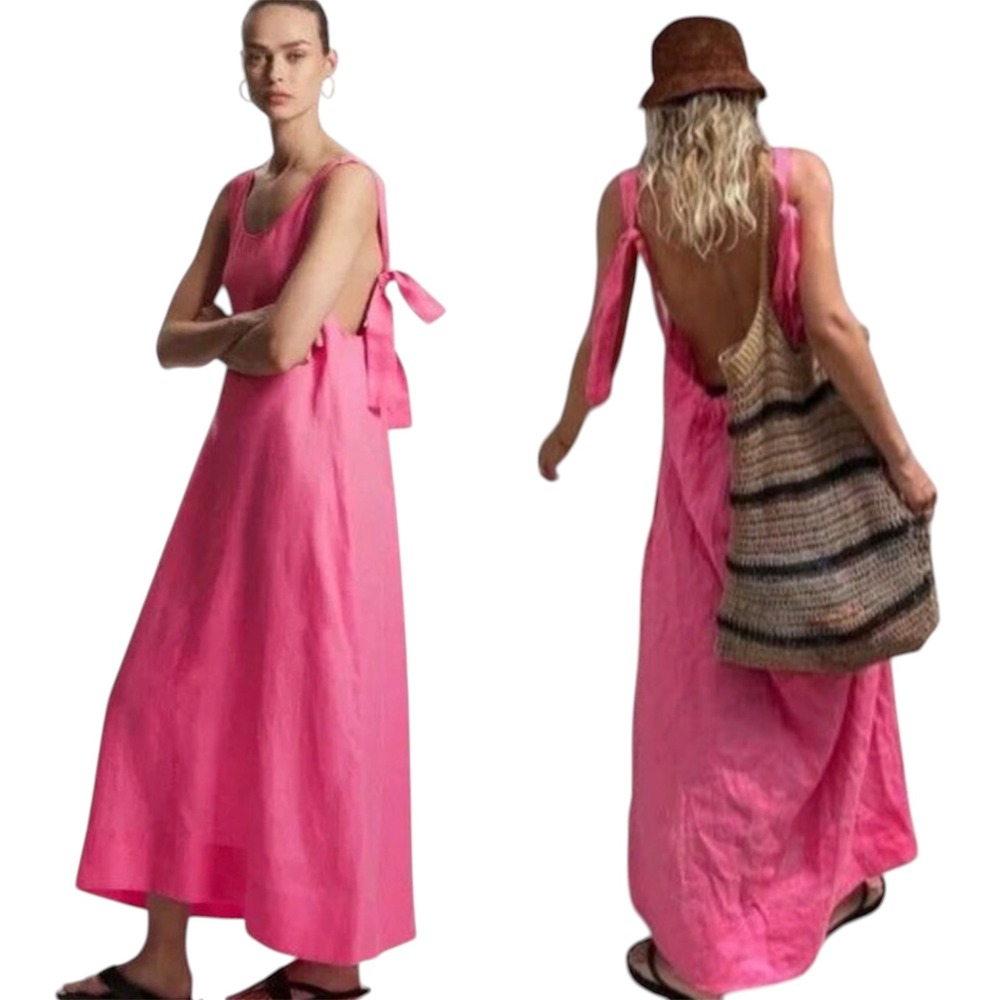 COS Gathered Linen Midi Dress Pink XS Oversized Summer Boho Minimalist Lagenlook